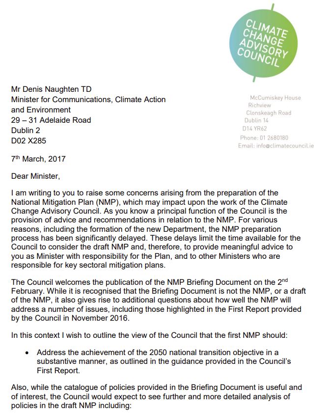 Letter to Minister Naughten re the preparation of the National Mitigation Plan